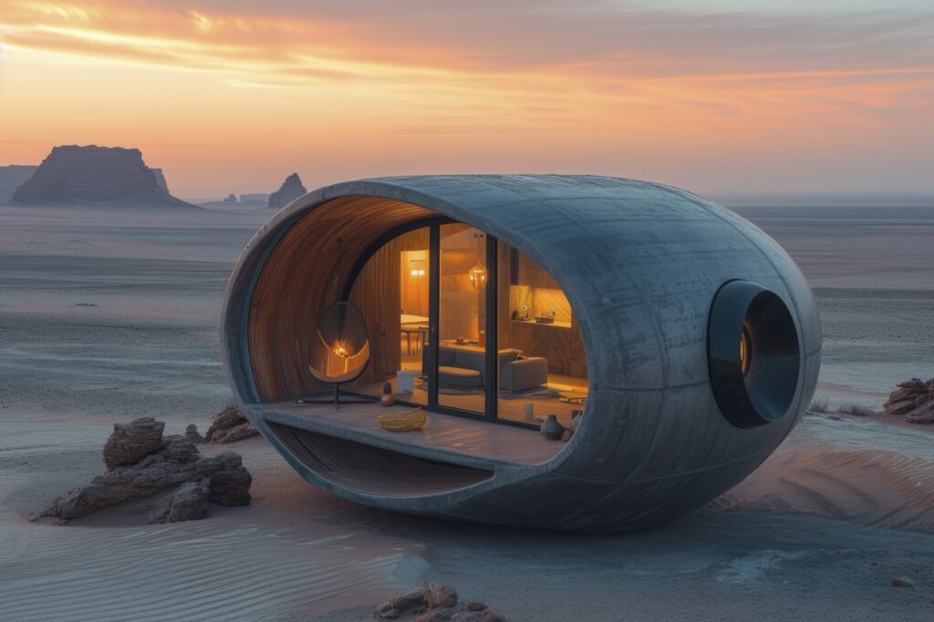 small capsule house placed in a desert