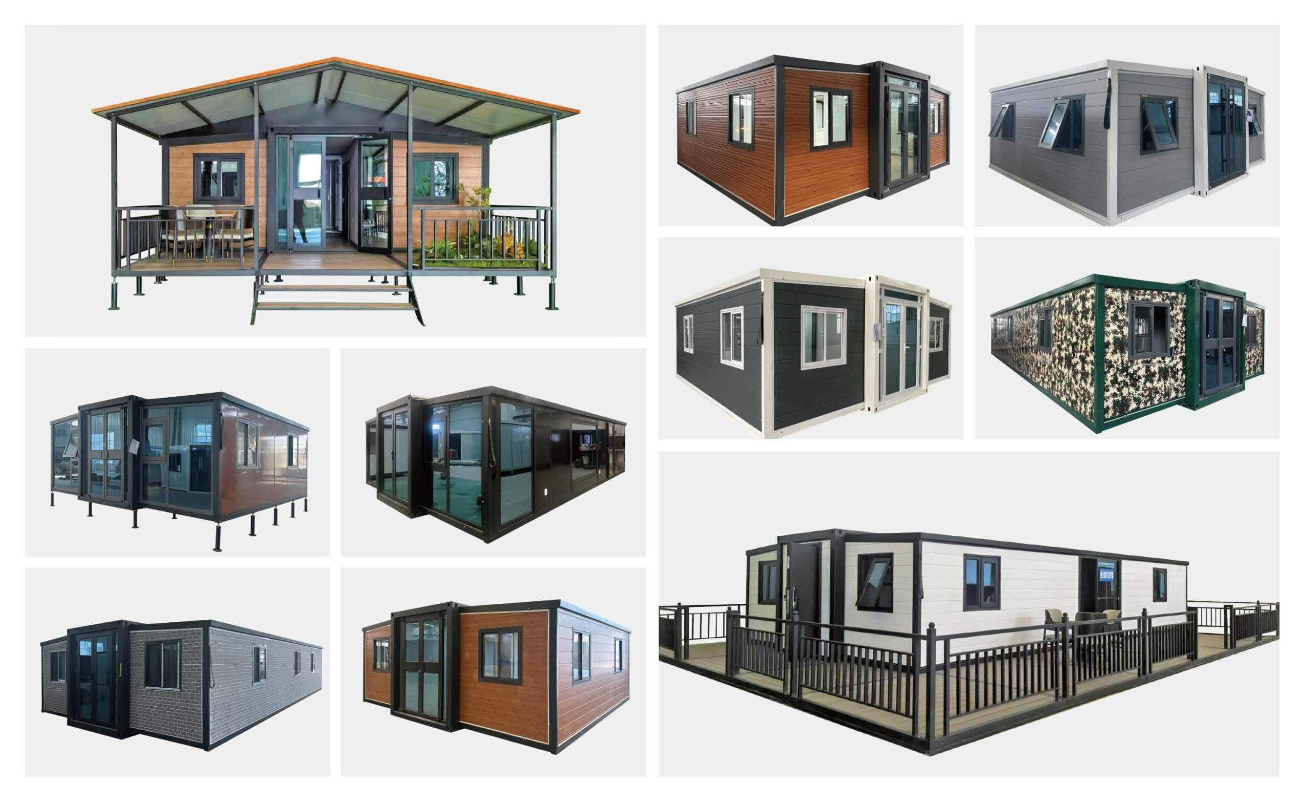 Various bahria homes Castle expandable house models including E20 and E40, featuring modern prefab designs with wood panels, glass doors, and modular layouts