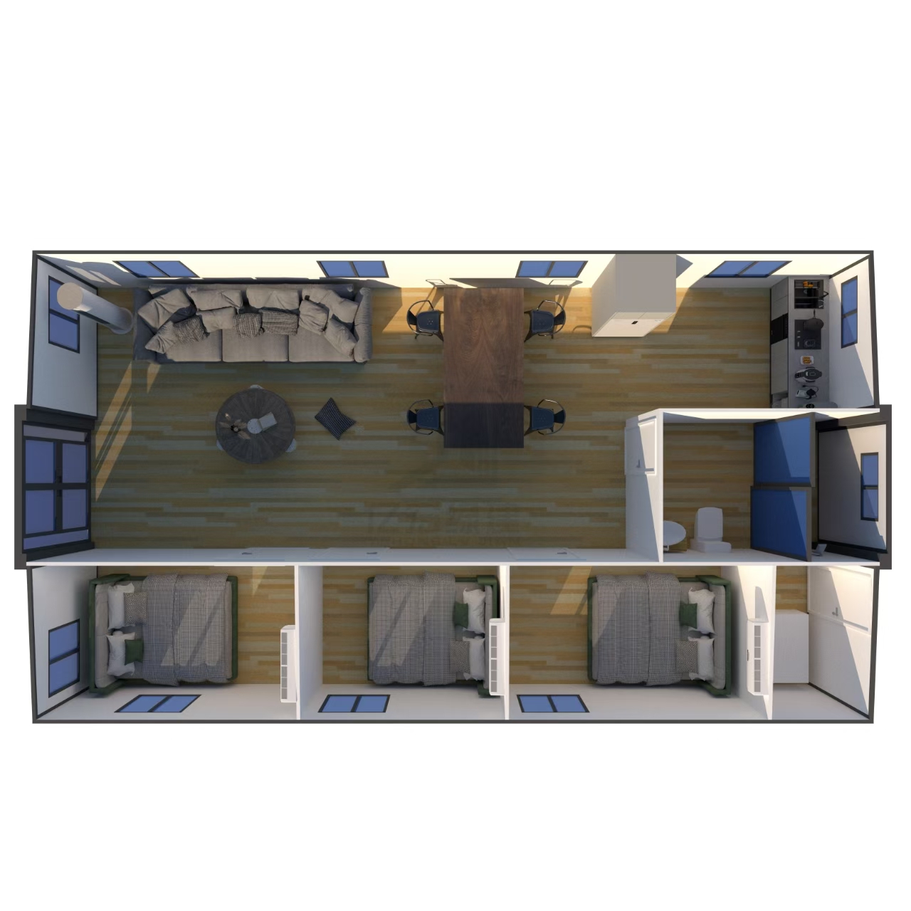 3D floor plan of bahria homes Castle Expandable House E40 showing three bedrooms, living room, dining area, kitchen, and bathroom in a modern modular home design