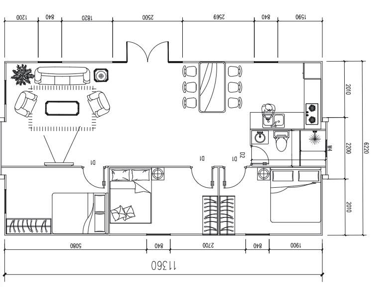 Floor plan of bahria homes Castle Expandable House E40 showing two bedrooms, spacious living area, kitchen, and dining space in a large modular home design